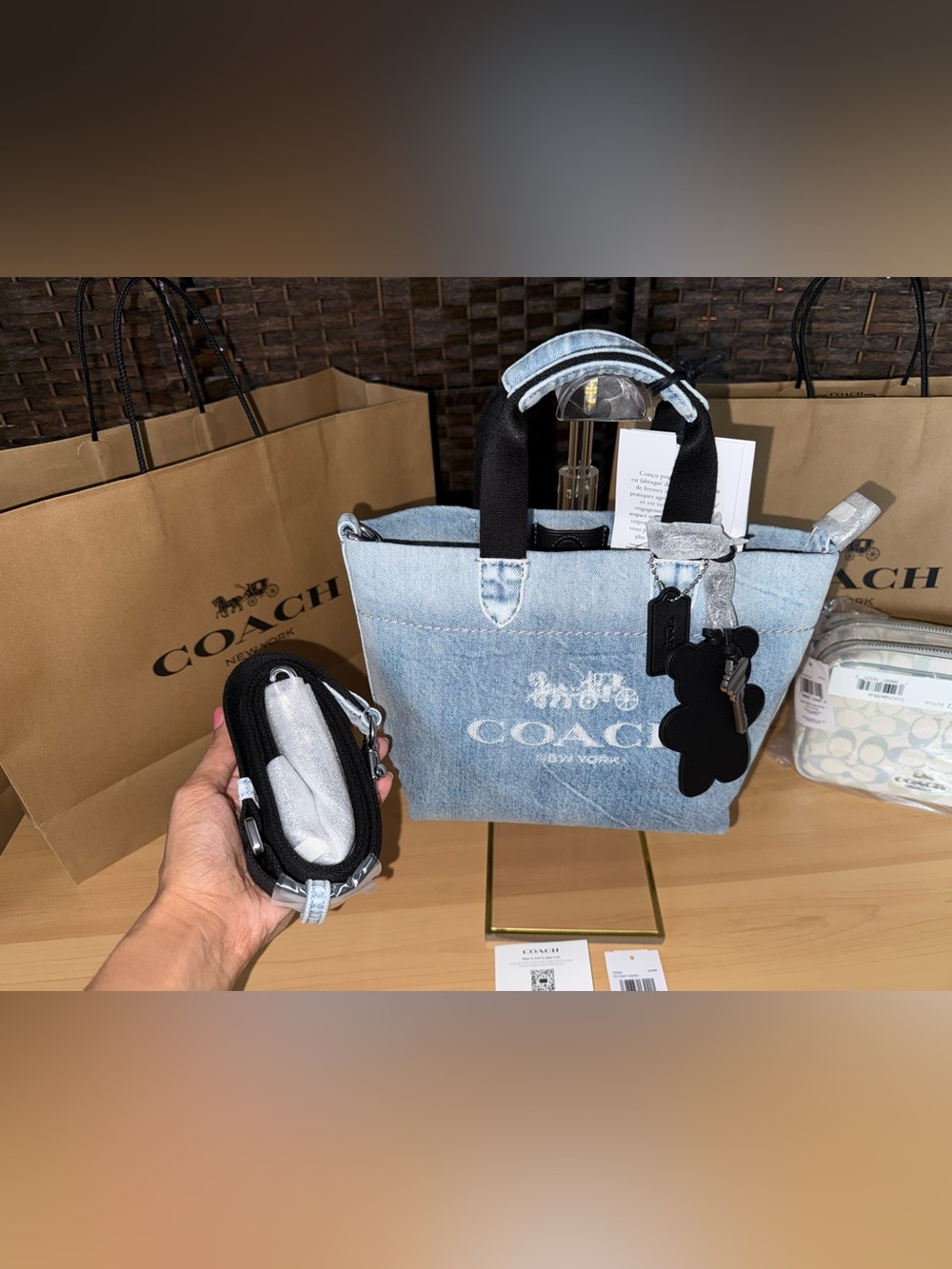 Coach Outlet Mini Tour Tote Bag In Loved Denim with charms - Picture 12 of 15